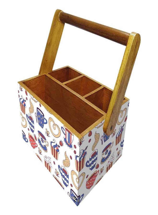 Nutcase Wooden 4 Compartment Utensil Flatware Cutlery Caddy Holder with Handle Napkin Stand - Tea Cup - Image 1